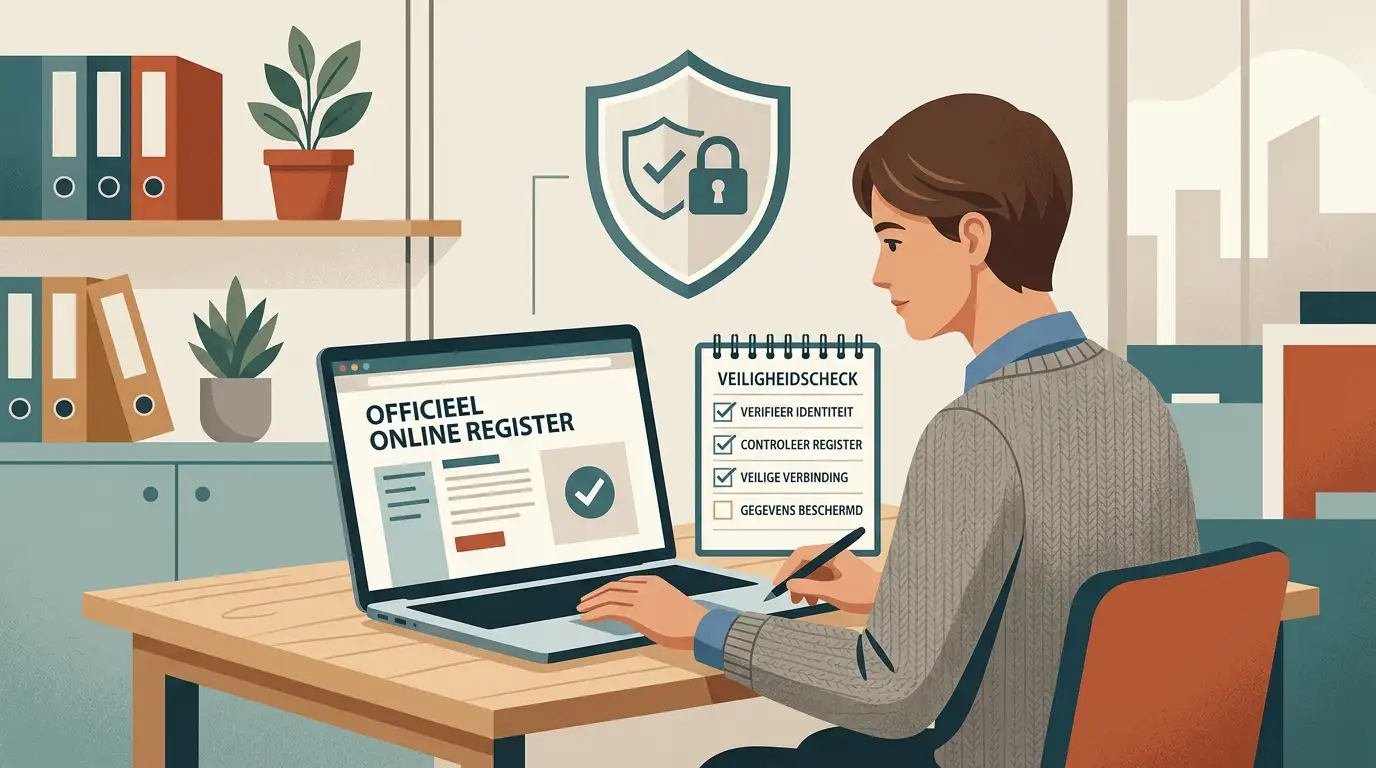 Illustratie van een laptop met een officiële controlelijst voor Nederlandse kansspelen